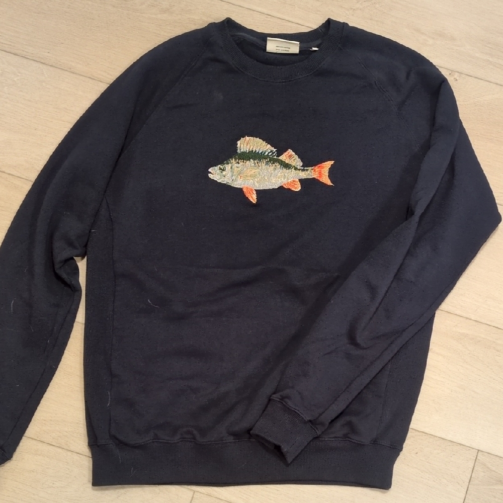 Forèt Navy Crewneck Sweater with Fish Embroidery